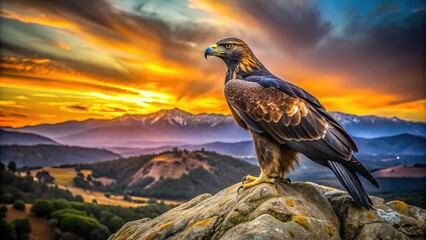 Fototapeta premium A golden eagle, majestic and silhouetted, captures Avila mountaintop in long exposure photography.