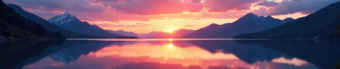Fototapeta premium serene lake at sunset with mountain peaks reflected, peaceful, reflection