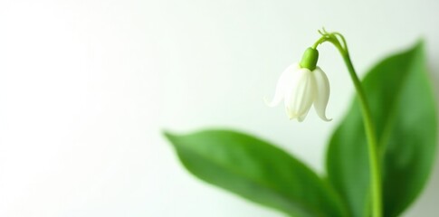 Obraz premium Single Lilie of the Valley flower on white background with lush green leaves, botanicals, flora, green