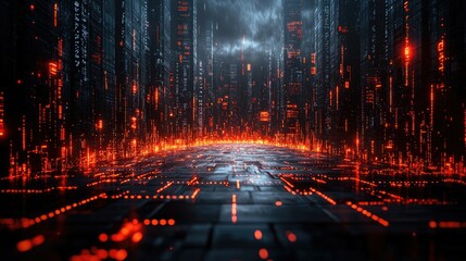 Fototapeta premium Futuristic Cityscape Illuminated With Orange Digital Lines