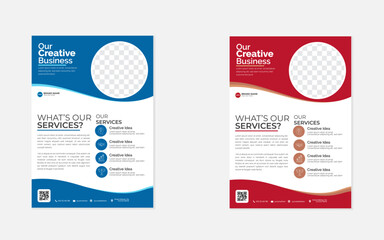 Modern business flyer red and blue vector design with round shaped photo placement corporate templates