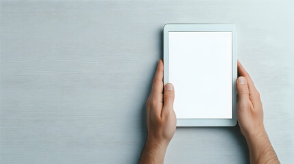 hands holding digital tablet computer with empty blank screen, person using mobile technology