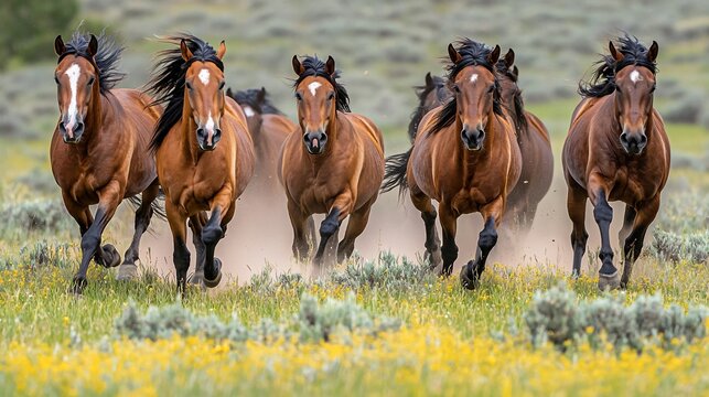 Wild horses galloping across a field, wildflowers, Montana