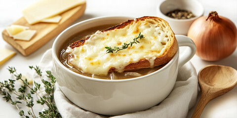 A bowl of delicious french onion soup with cheese and toasted baguette
