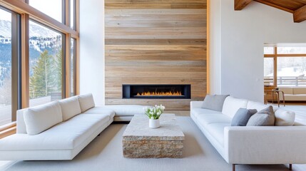 Cozy alpine Scandinavian living room, oversized cream colored boucle sofa, raw reclaimed wood slat accent wall with embedded LED glow, floating stone coffee