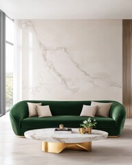 Elegant luxury living room, deep emerald green velvet sofa, matte bronze metal accent wall with soft indirect lighting, terrazzo coffee table