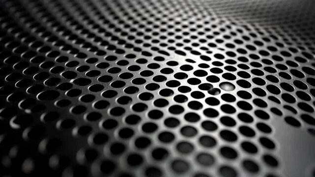 Close up of a black metal surface with many small holes. The surface is very dark and the holes are very small