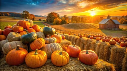 Autumn harvest aerial: pumpkins scattered on hay bales, bathed in golden sunlight.