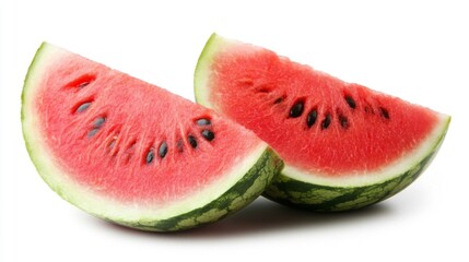 Two Slices Of Juicy Red Watermelon On White Background