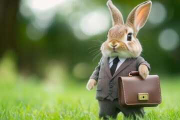 a cute rabbit dressed in a formal business suit, holding a briefcase, stands confidently, embodying a quirky mix of professionalism and whimsy in its expression