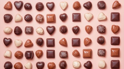 Fototapeta premium A Symphony of Hearts: A Delightful Collection of Exquisite Chocolate Hearts, Beautifully Displayed on a Pastel Pink Surface, Creating a Scene of Pure Romance and Sweet Indulgence