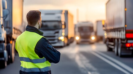 Fototapeta premium Logistics Professional: A transportation worker in a high-visibility vest stands amidst a line of semi-trucks on a highway at sunset, overseeing the logistics operation.