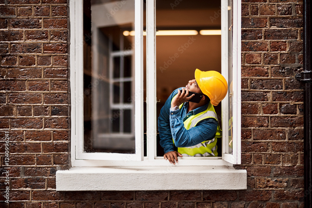 Poster Man, engineer and talk with phone call by window of inspection, building maintenance and schedule. Male person, mobile and and communication of development update, negotiation and renovation feedback