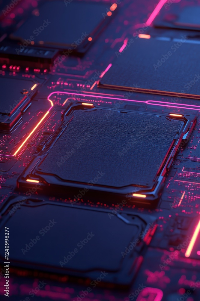 Aufkleber close up view of a dark circuit board with a central processor chip, illuminated by vibrant pink and