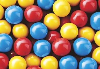 Close up view of multicolored round candies, primarily red, blue, and yellow, arranged densely. Shiny, glossy surfaces of the candies are prominent