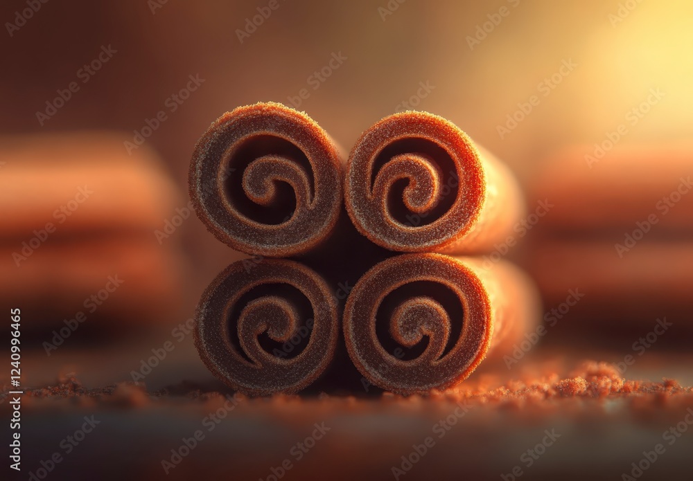 Poster closeup view of four cinnamon sticks arranged in a symmetrical pattern, showcasing their intricate s