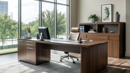 Fototapeta premium Professional workspace with a sleek desk, stylish accents, and expansive windows providing ample natural light.