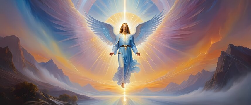 Radiant oil painting of Archangel Gabriel in a heavenly landscape surrounded by ethereal colors evoking peace and serenity