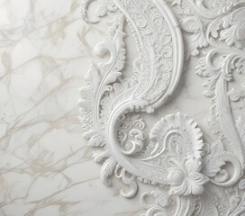 Stylish white paisley motif on a pristine marble backdrop, surface, home decor