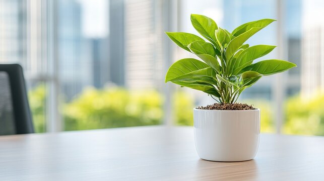 Small green potted plant stands on a wooden desk in a bright modern office with blurred city buildings in the background.