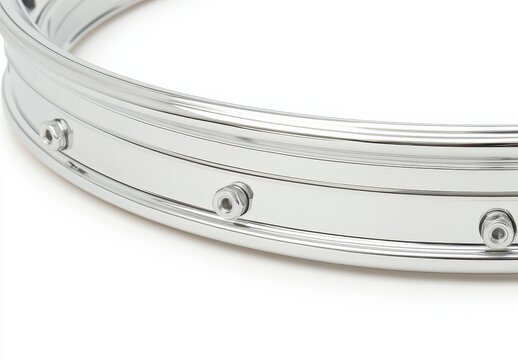 Closeup view of a shiny drum hoop, showcasing intricate detailing and a smooth finish against a plain white background. The hoop's metallic sheen