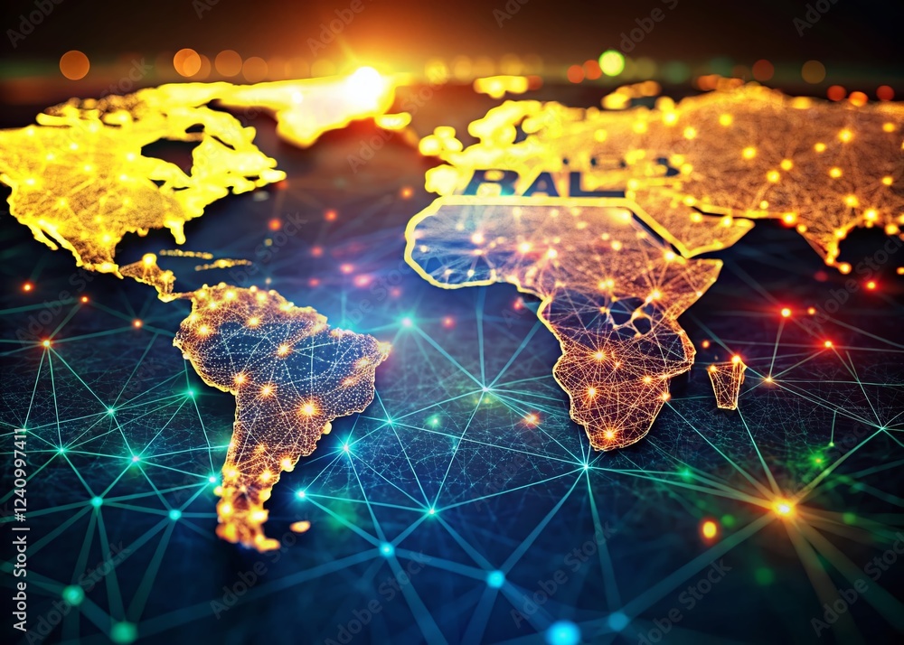 Poster brazil network connectivity: digital map with bokeh lights