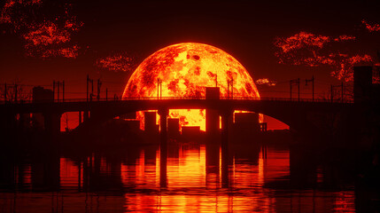 Obraz premium Dramatic explosion creates fiery glow over city skyline at dusk