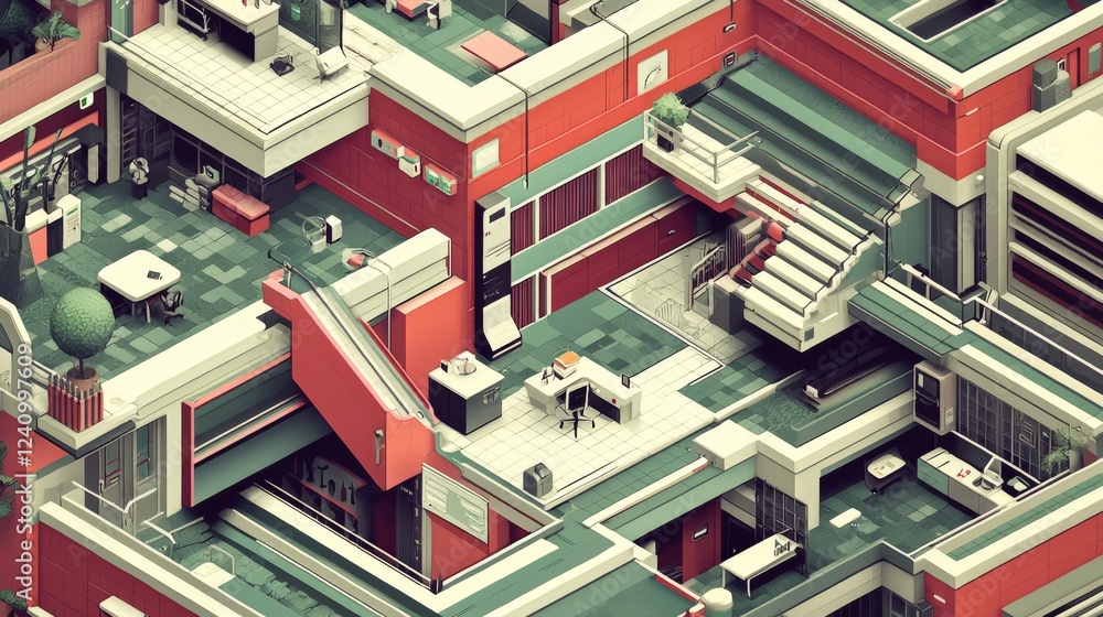 Poster abstract 3d interior scene with modern architecture and vibrant color palette featuring geometric st