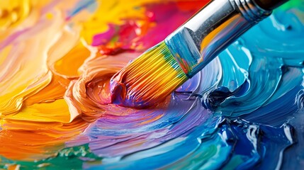 Obraz premium Brushstroke of Creativity: A vibrant oil paint palette awaits, with a loaded brush poised to blend a spectrum of color, inviting the viewer to embrace their own creative spirit. 