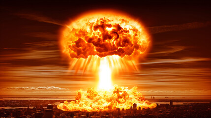 Dramatic explosion over city skyline resembling a nuclear mushroom cloud