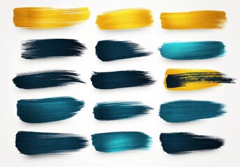 Collection of gold and dark blue paint brush strokes on white background, various sizes and textures, ideal for graphic design or digital art