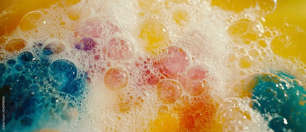 Poster close up view of vibrant, multicolored bath bubbles in motion, creating a dynamic and playful visual
