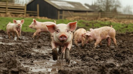 Obraz premium Playful Adorable Photo of Piglets in Farmyard Rolling in Mud and Interacting Happily with Each Other