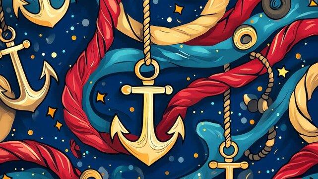 Nautical Charm Seamless Pattern:  A vibrant and whimsical nautical pattern featuring golden anchors, intertwined ropes, and sparkling stars, all against a deep blue background.