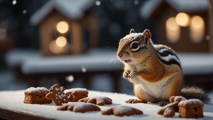 Fototapeta premium A chipmunk enjoying cookies in a snowy winter scene with cozy cabins glowing in the background