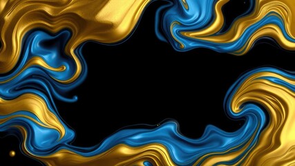 Obraz premium Swirling blue and gold liquid patterns on a dark background, abstract design, blue tones