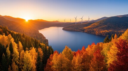 Fototapeta premium Vibrant autumn landscape with wind turbines.