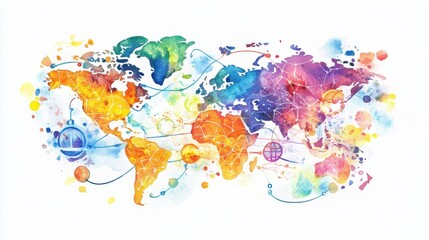 Vibrant watercolor illustration of a global investment network, financial connections intertwining between continents, glowing digital economy links, dynamic flow. 