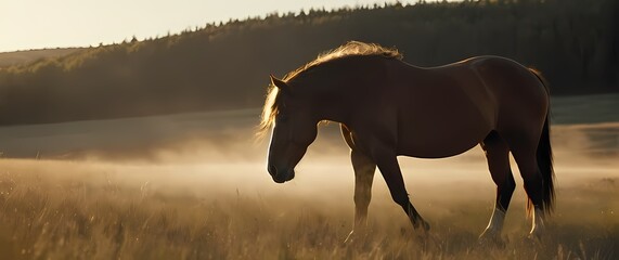 Powerful closeup of a proud horse under soft sunlight in a vast open field showcasing its strength and elegance amidst nature