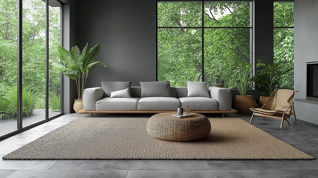 Modern Minimalist Living Room with Floor-to-Ceiling Windows and Nature View