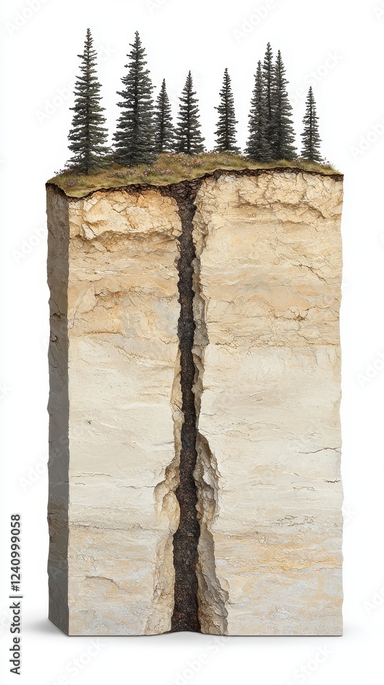Poster cross section of earth cliff face with trees showing soil layers and deep crack