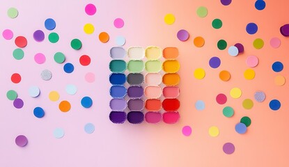 Colorful array of paint containers, various shades, sitting atop a pastel background scattered with confetti. The palette is organized in a