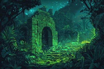 Ancient Jungle Ruins Enveloped in Lush Green Foliage