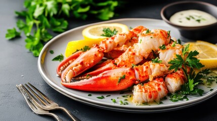 Freshly Cooked Lobster Claws with Lemon and Herbs on Plate