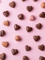 Fototapeta premium A Symphony of Hearts: A Delightful Collection of Exquisite Chocolate Hearts, Beautifully Displayed on a Pastel Pink Surface, Creating a Scene of Pure Romance and Sweet Indulgence
