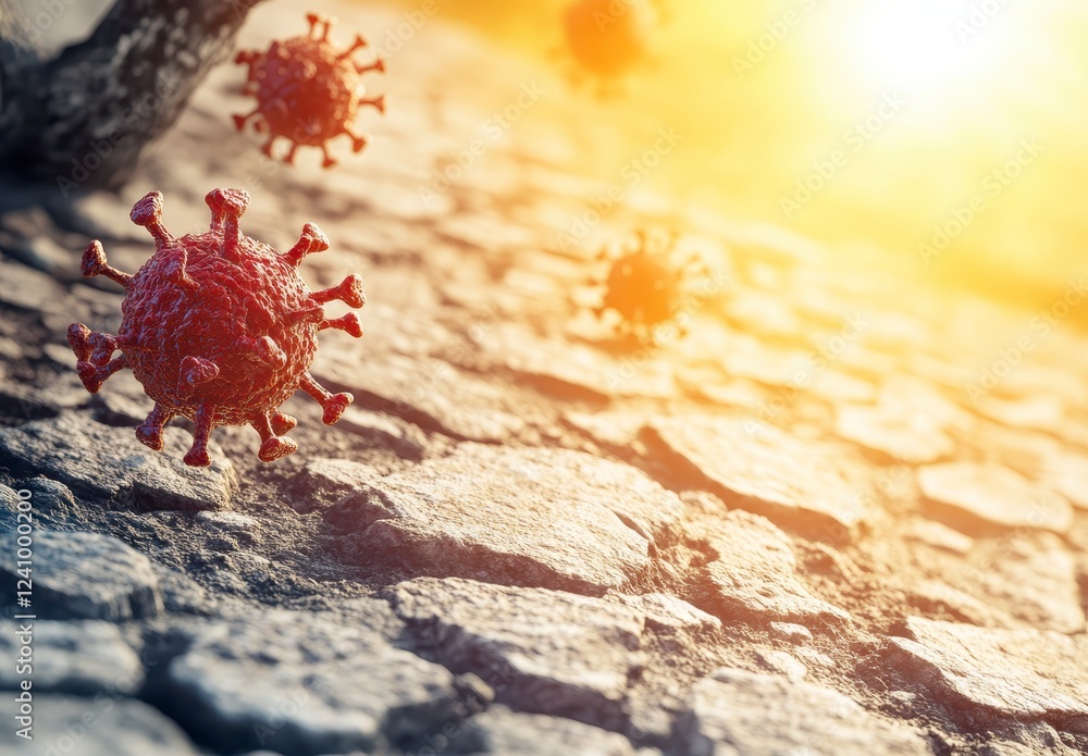 Poster close up view of computer generated virus particles hovering above a cracked earth surface. the viru