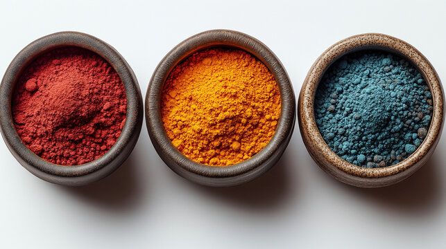 Vibrant Colored Powders in Rustic Bowls