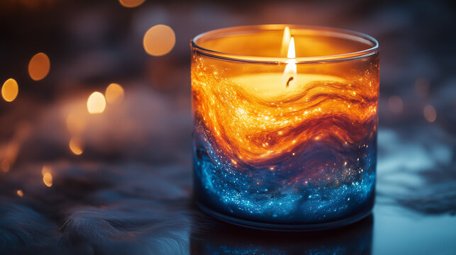Glowing Artistic Candle with a Cosmic Swirl Design