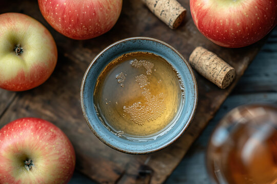 Enjoying fresh apple cider with crisp apples on a rustic table, top view, 