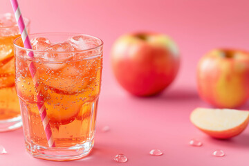 Refreshing apple drink a served with fresh apples on a pink background with copy space on the right 